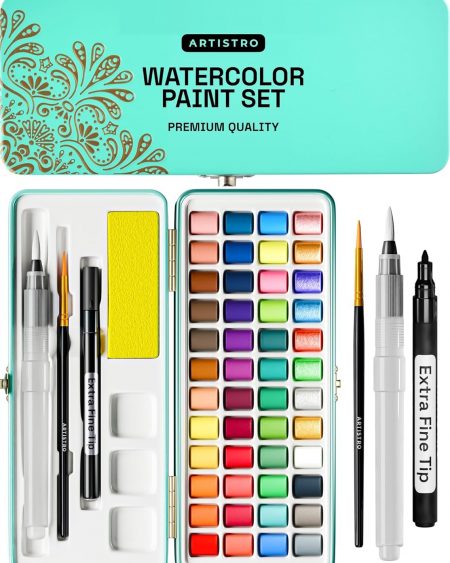 ARTISTRO Watercolor Paint Set Portable, Palette Set with Metallic Colors for Workbooks