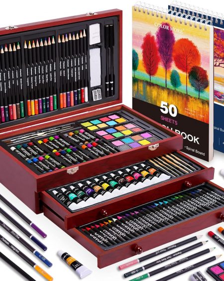 Color More 175 Piece Deluxe Art Set with 2 Drawing Pads, Acrylic Paints, Crayons, Colored Pencils, Paint Set in Wooden Case